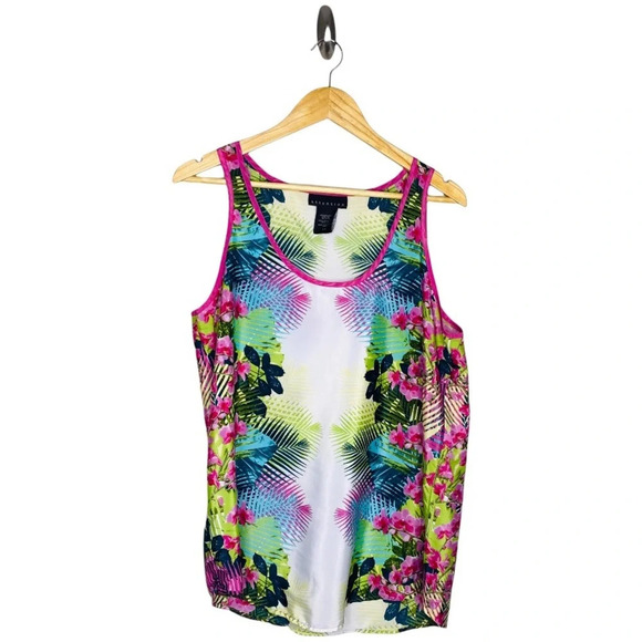 Attention Tropical Botanical Print Satin Sleeveless Blouse Size Large - Picture 1 of 6